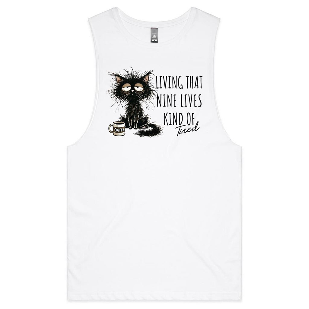 Living That Nine Lives Kind Of Tired, Frazzled Cat Mens Men's AS Colour Drop Arm Tank Top White Drop Arm Tank Top animal Printed In Australia