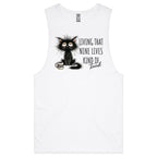 Living That Nine Lives Kind Of Tired, Frazzled Cat Mens Men's AS Colour Drop Arm Tank Top White Drop Arm Tank Top animal Printed In Australia