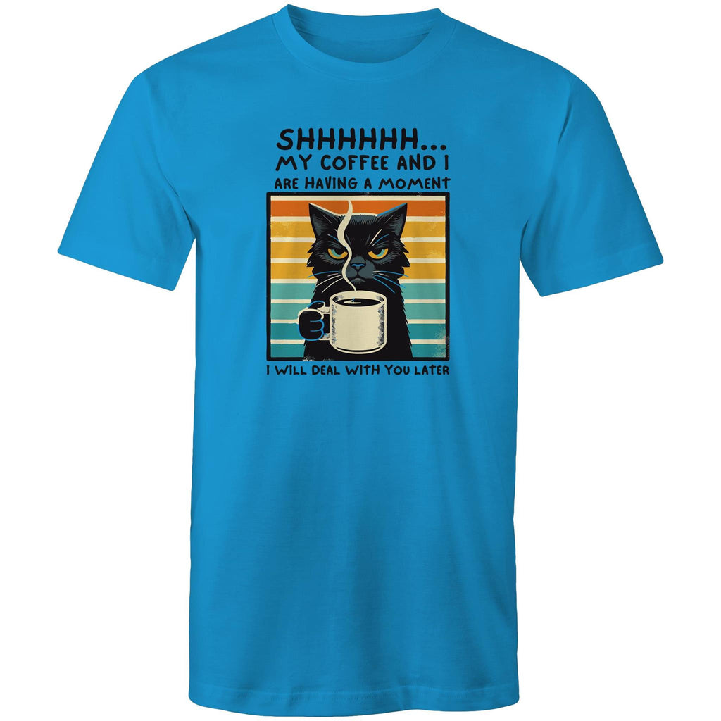 Shhh, My Coffee And I Are Having A Moment, Cat - Mens T-Shirt Arctic Blue Mens T-shirt animal Coffee Printed In Australia
