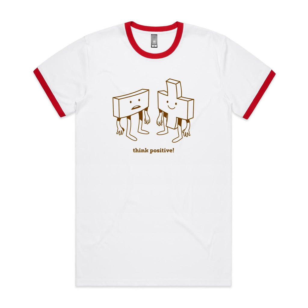 Think Positive, Maths - Staple Ringer Tee White Red Ringer T-Shirt Maths Positivity Printed In Australia