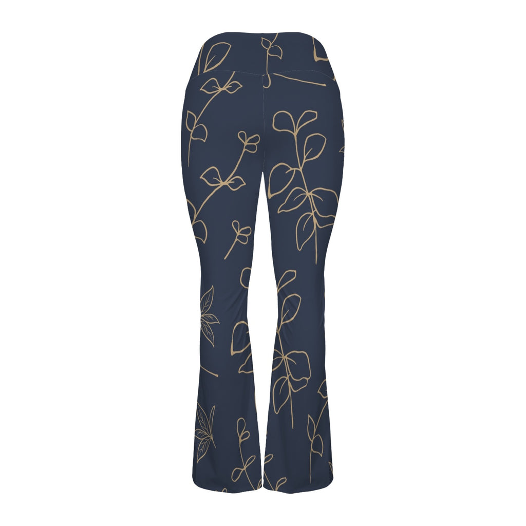 Gold Flowers On Navy High Waist Crossover Tummy Control Flare Leggings High Waist Flare Leggings Printed Offshore