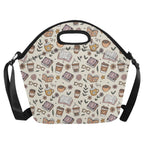 Books And Coffee Neoprene Lunch Bag/Large (Model 1669) Neoprene Lunch Bag Coffee Printed Offshore Reading