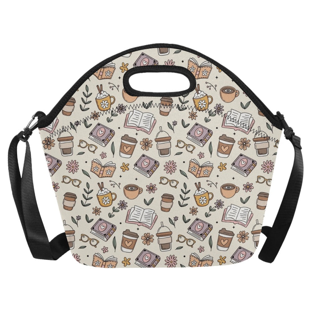 Books And Coffee Neoprene Lunch Bag/Large (Model 1669) Neoprene Lunch Bag Coffee Printed Offshore Reading