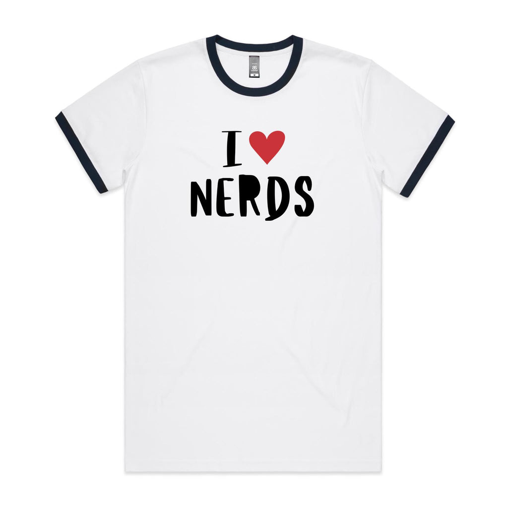 I Love Nerds, Red Heart - Staple Ringer Tee White Navy Ringer T-Shirt Printed In Australia