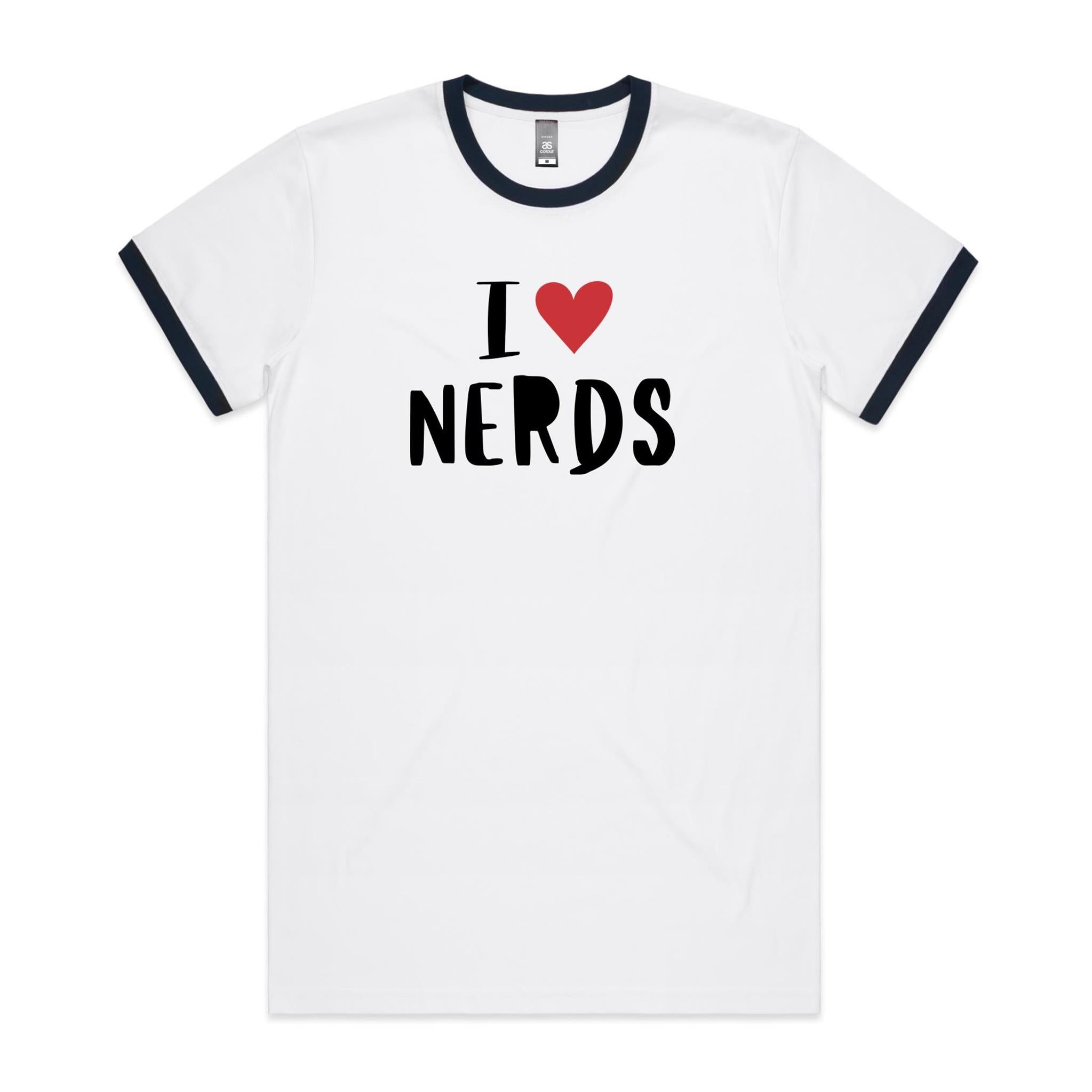 I Love Nerds, Red Heart - Staple Ringer Tee White Navy Ringer T-Shirt Printed In Australia