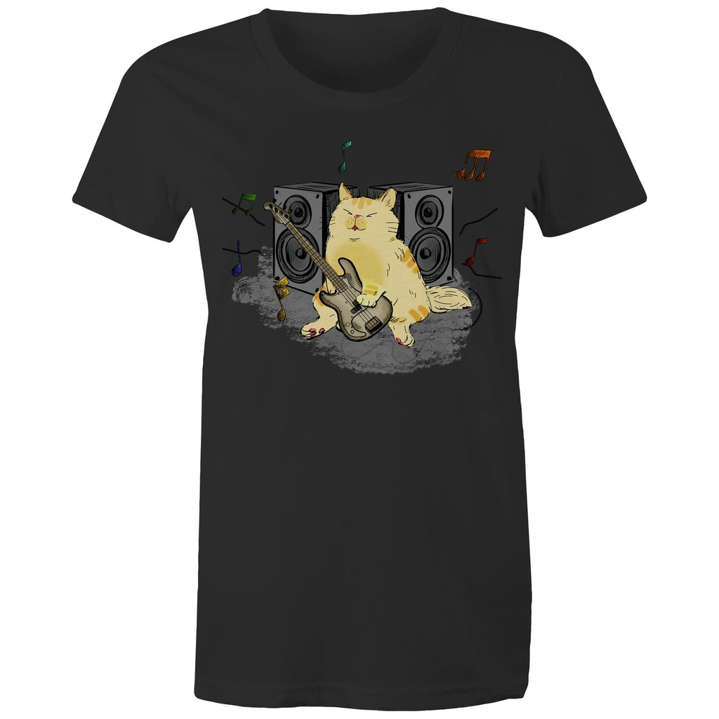 Cat Bass Player - Womens T-shirt Black Womens T-shirt animal Music Printed In Australia