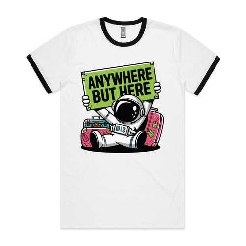 Astronaut, Anywhere But Here - Staple Ringer Tee White Black Ringer T-Shirt Printed In Australia Space