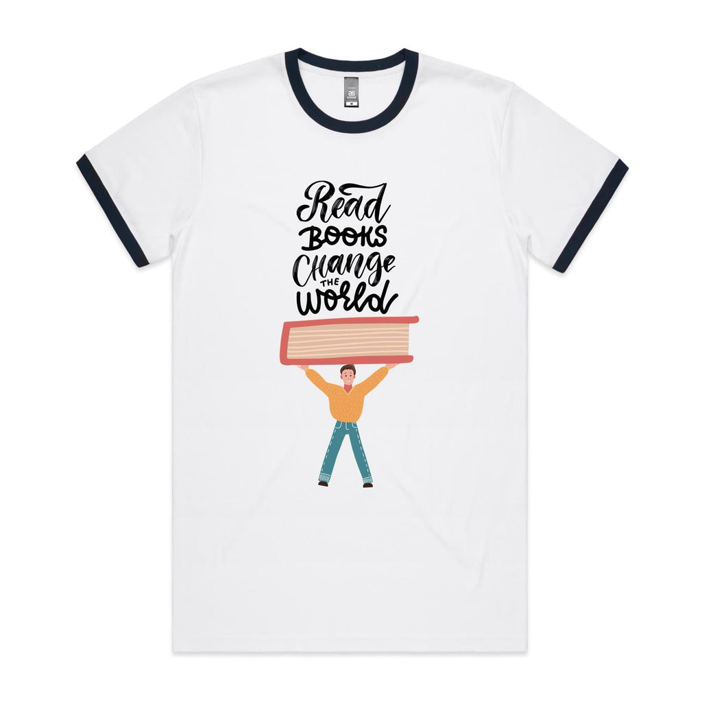 Read Books, Change The World - Staple Ringer Tee White Navy Ringer T-Shirt Printed In Australia Reading