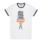 Read Books, Change The World - Staple Ringer Tee White Navy Ringer T-Shirt Printed In Australia Reading
