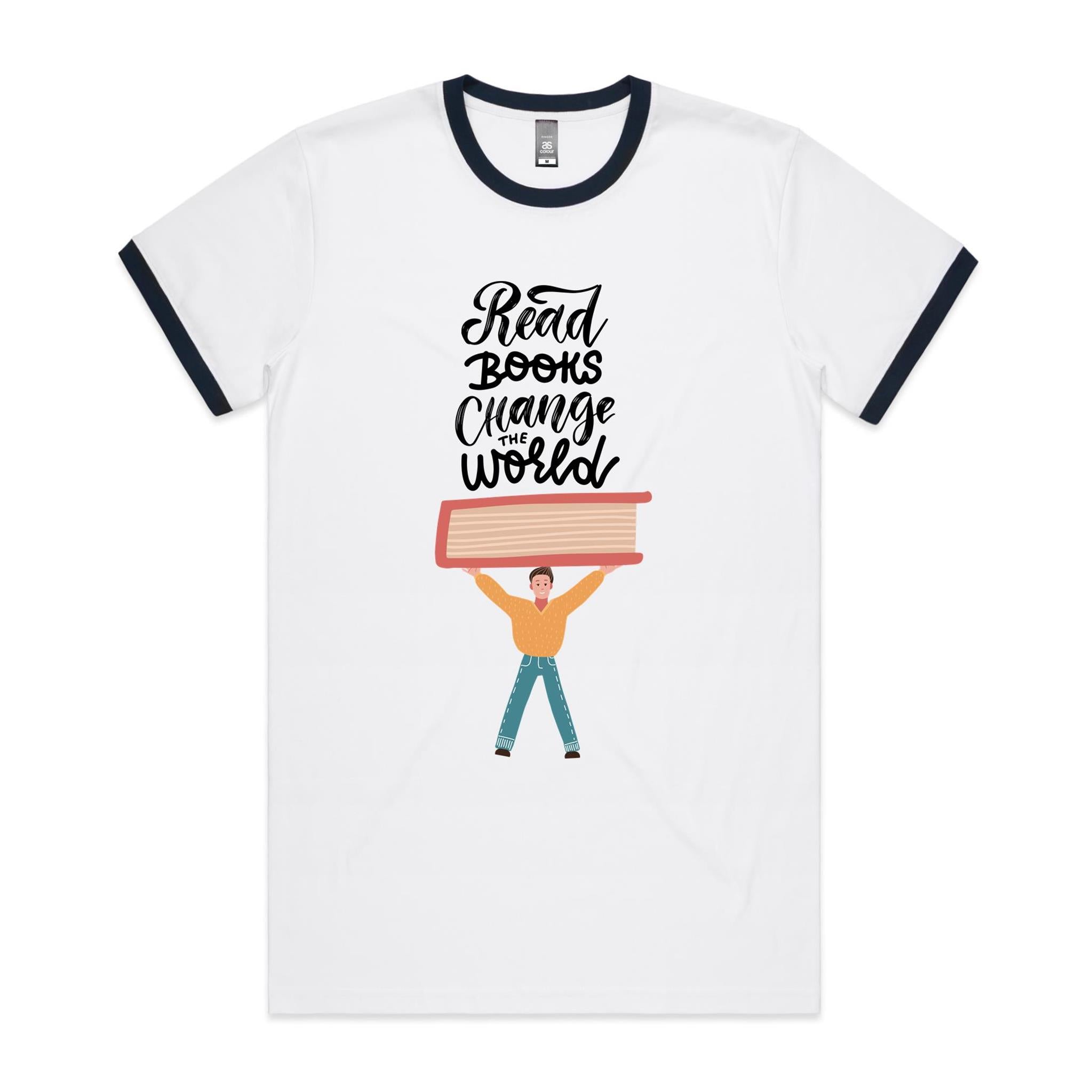 Read Books, Change The World - Staple Ringer Tee White Navy Ringer T-Shirt Printed In Australia Reading