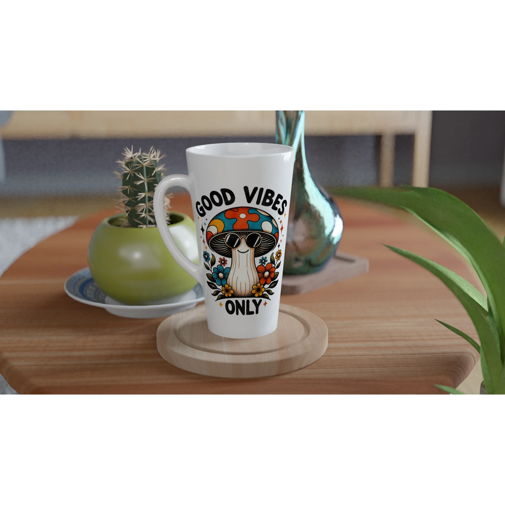 Personalised Good Vibes Only, Hippie Mushroom With Sunglasses White Latte 17oz Ceramic Mug Personalised Latte Mug Globally Fulfilled Positivity