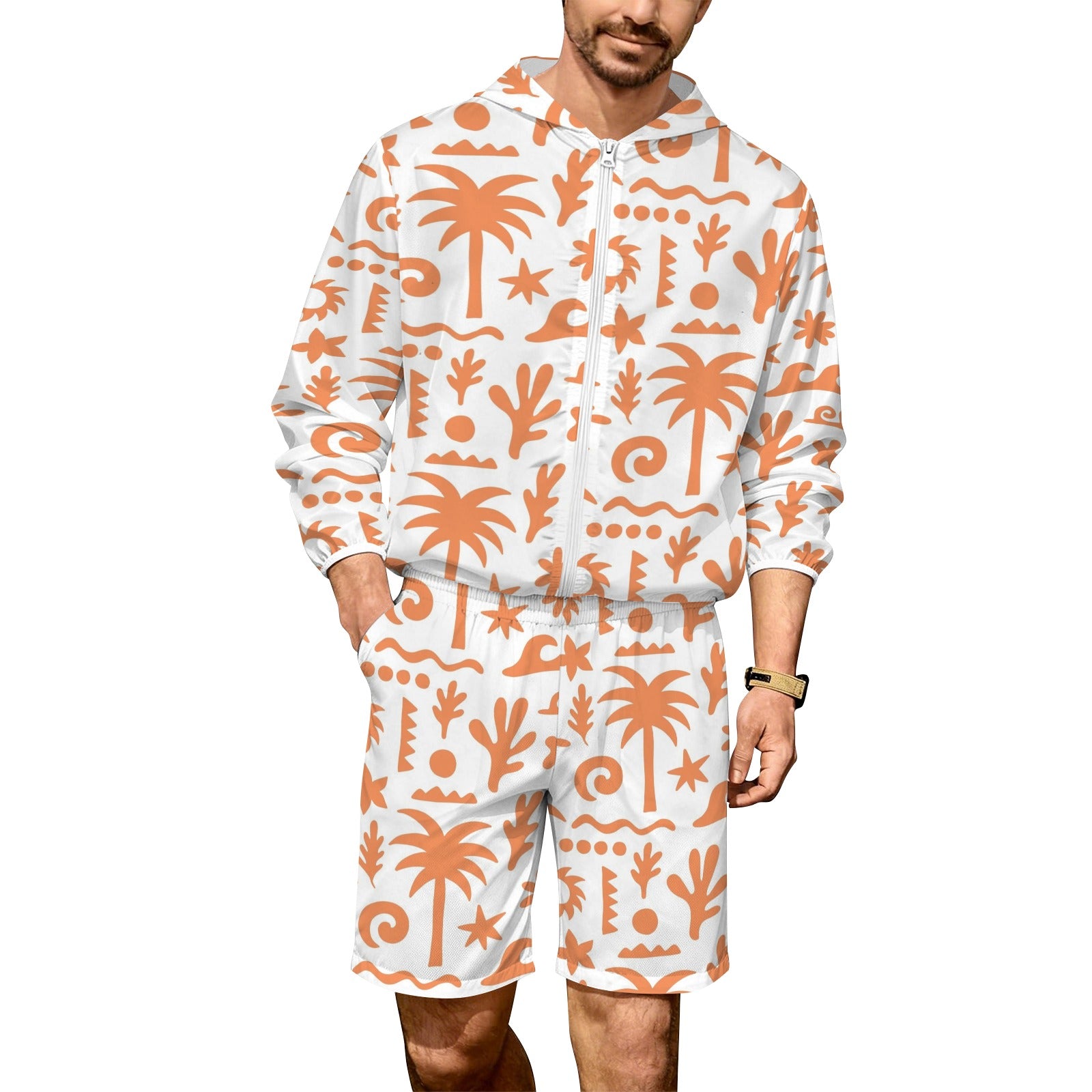 Orange Surf Men's Lightweight Sun Hoodie & Shorts Set 4XL Men's Lightweight Sun Hoodie & Shorts Printed Offshore Surf