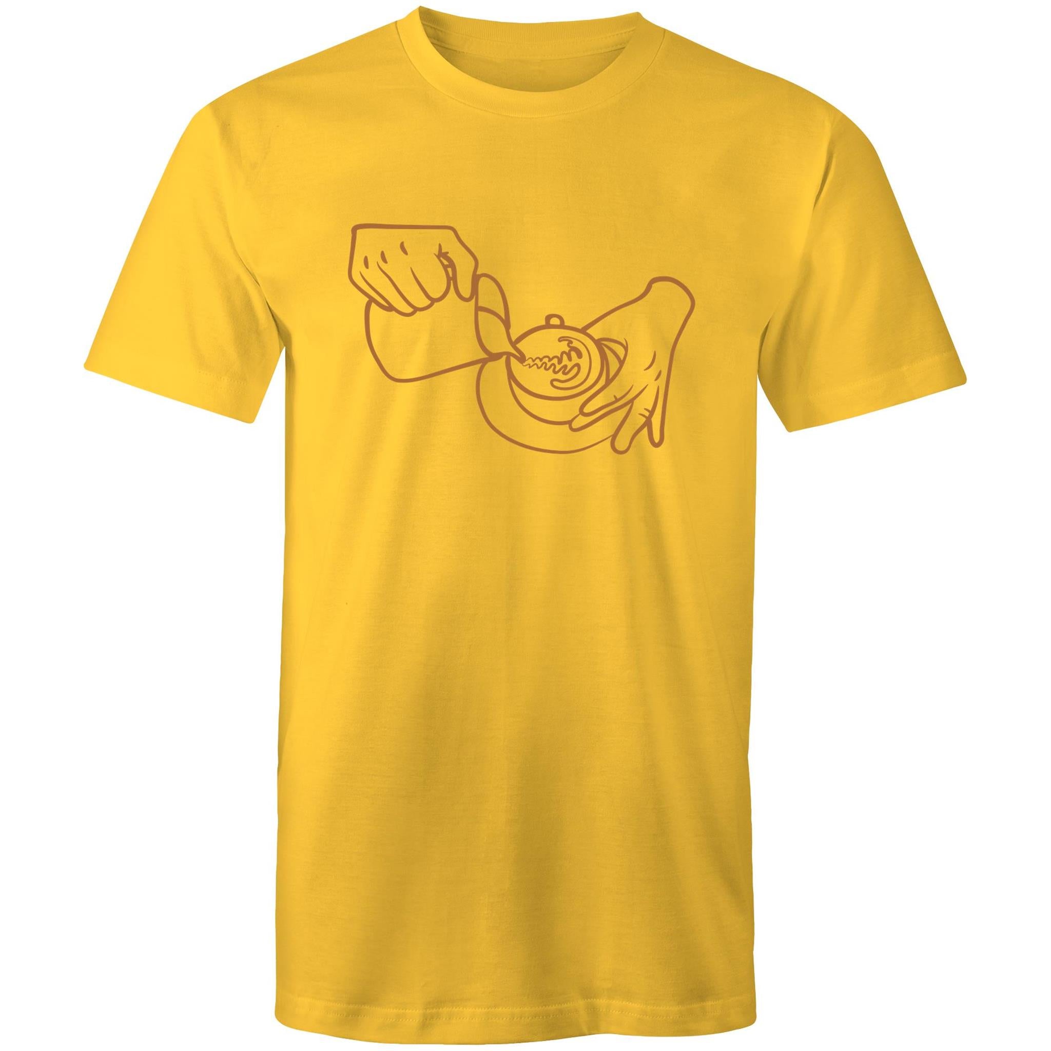 Barista Pouring Coffee - Mens T-Shirt Yellow Mens T-shirt Coffee Printed In Australia
