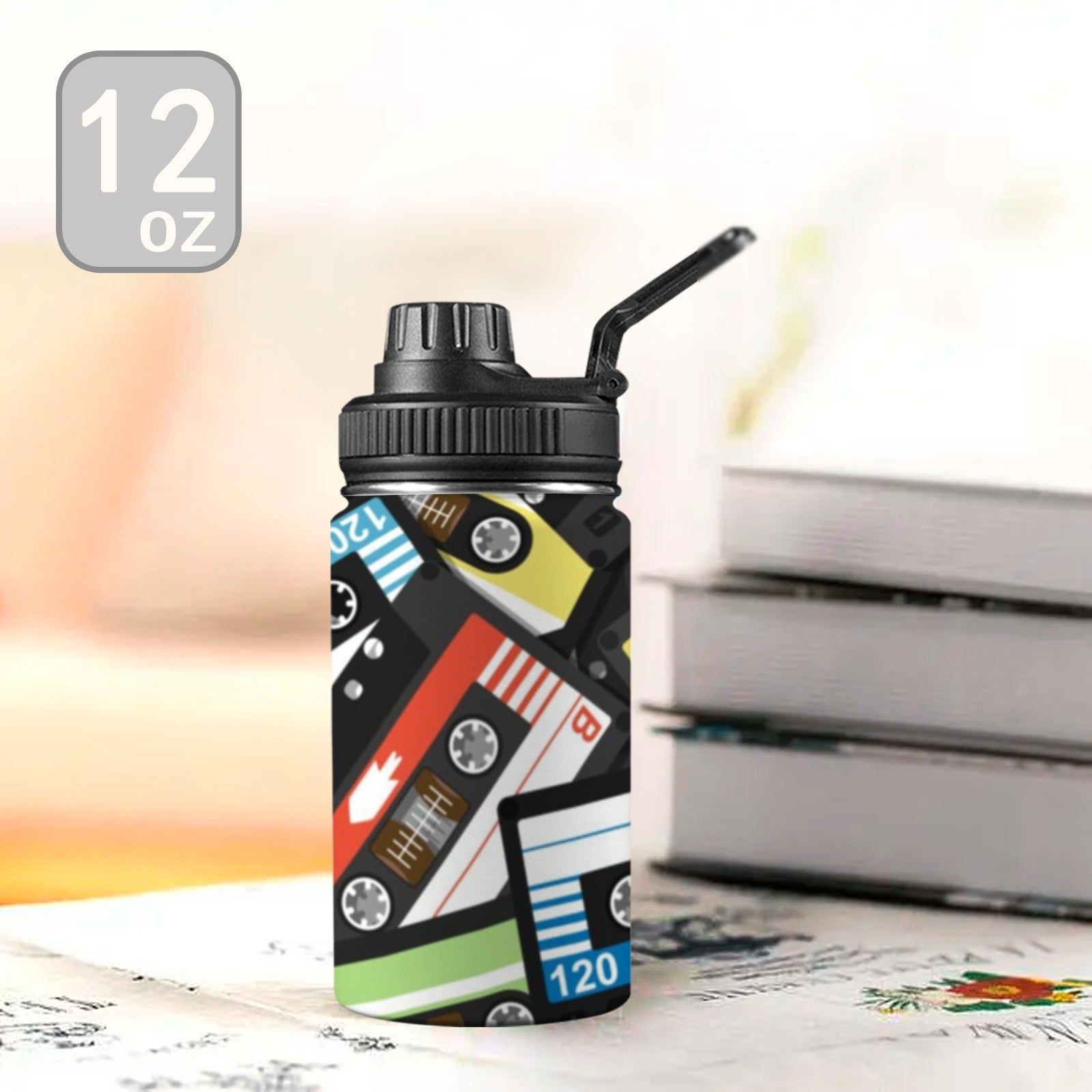 Cassette Tapes Kids Water Bottle with Chug Lid (12 oz) Kids Water Bottle with Chug Lid Music Printed Offshore Retro