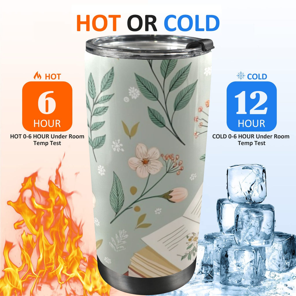 Books And Flowers In Green - 20oz Mobile Tumbler with Lid (Black Lock) 20oz Travel Mug Printed Offshore Reading