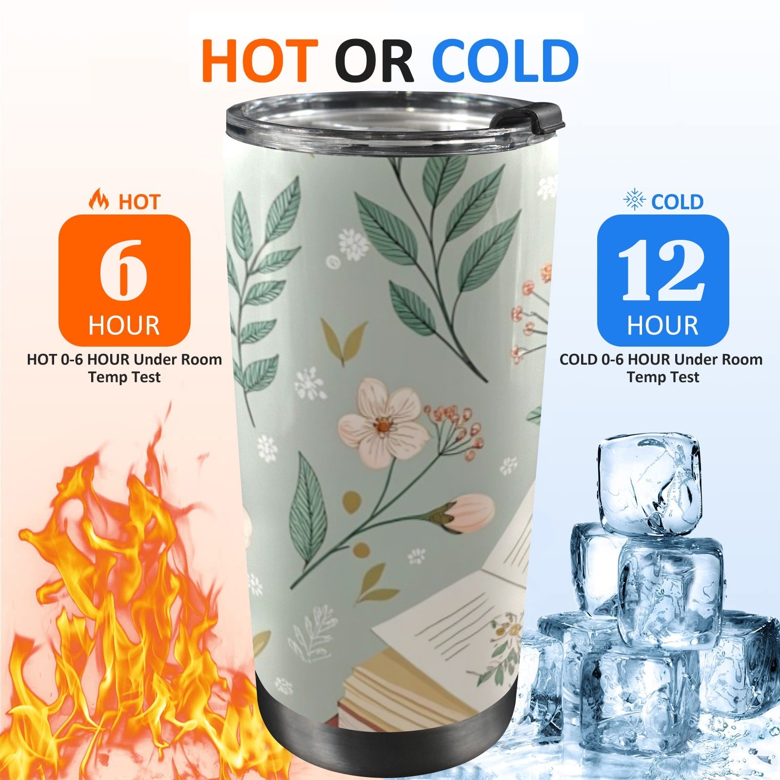 Books And Flowers In Green - 20oz Mobile Tumbler with Lid (Black Lock) 20oz Travel Mug Printed Offshore Reading