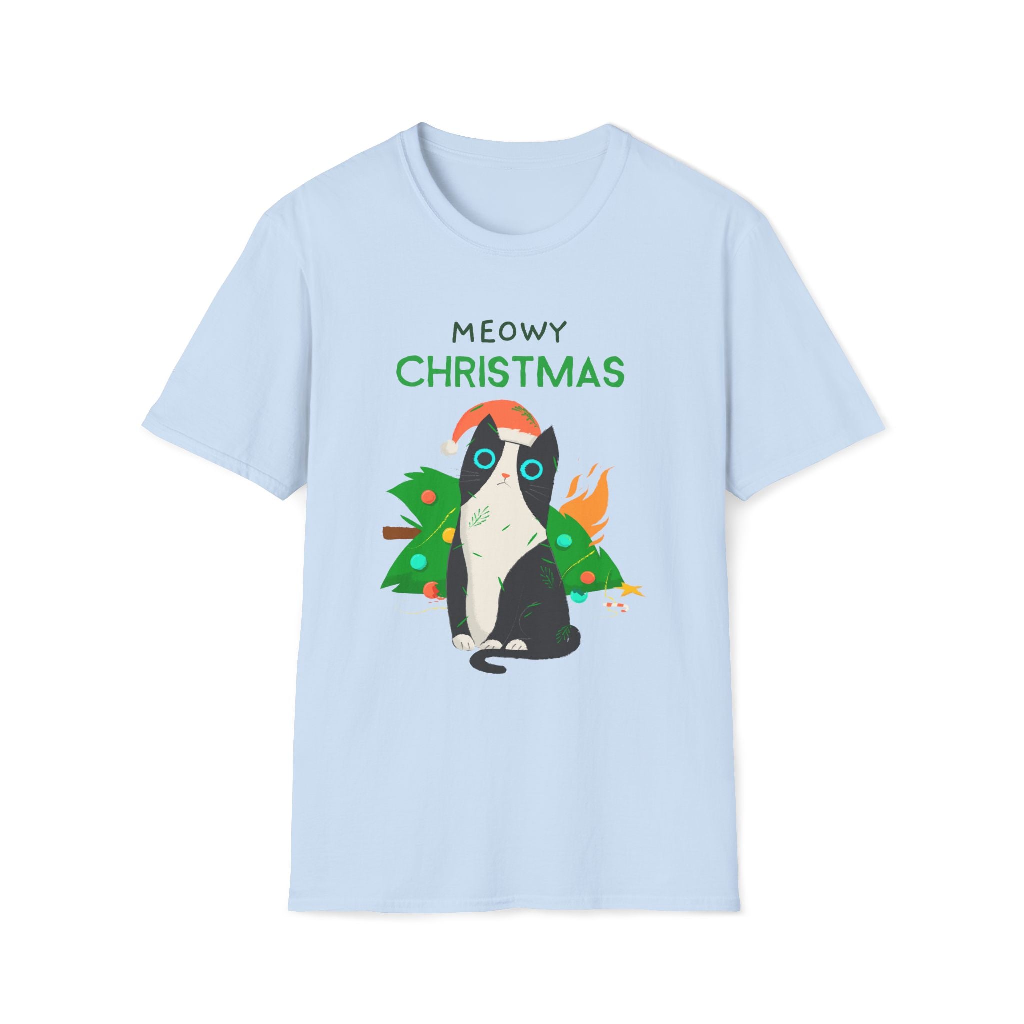 Meowy Christmas, Cat With Burning Christmas Tree - Unisex Softstyle T-Shirt