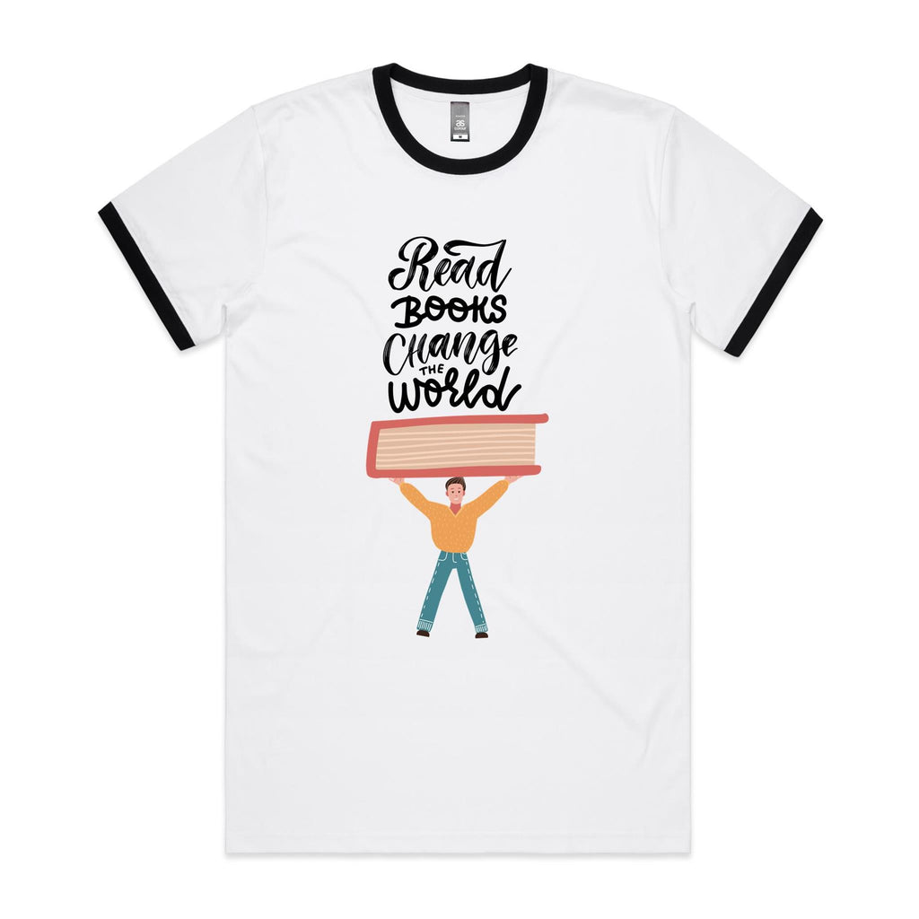 Read Books, Change The World - Staple Ringer Tee White Black Ringer T-Shirt Printed In Australia Reading