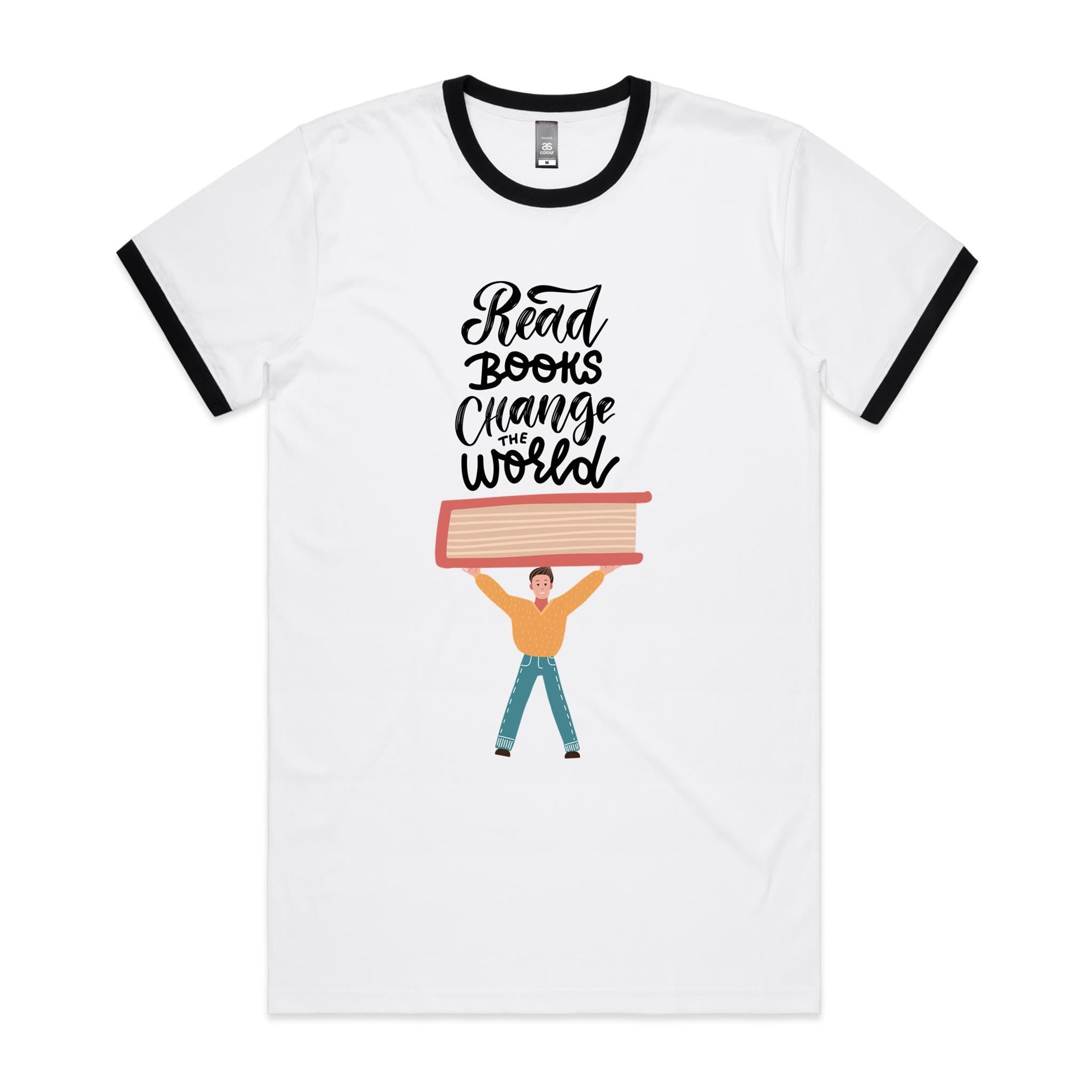 Read Books, Change The World - Staple Ringer Tee White Black Ringer T-Shirt Printed In Australia Reading