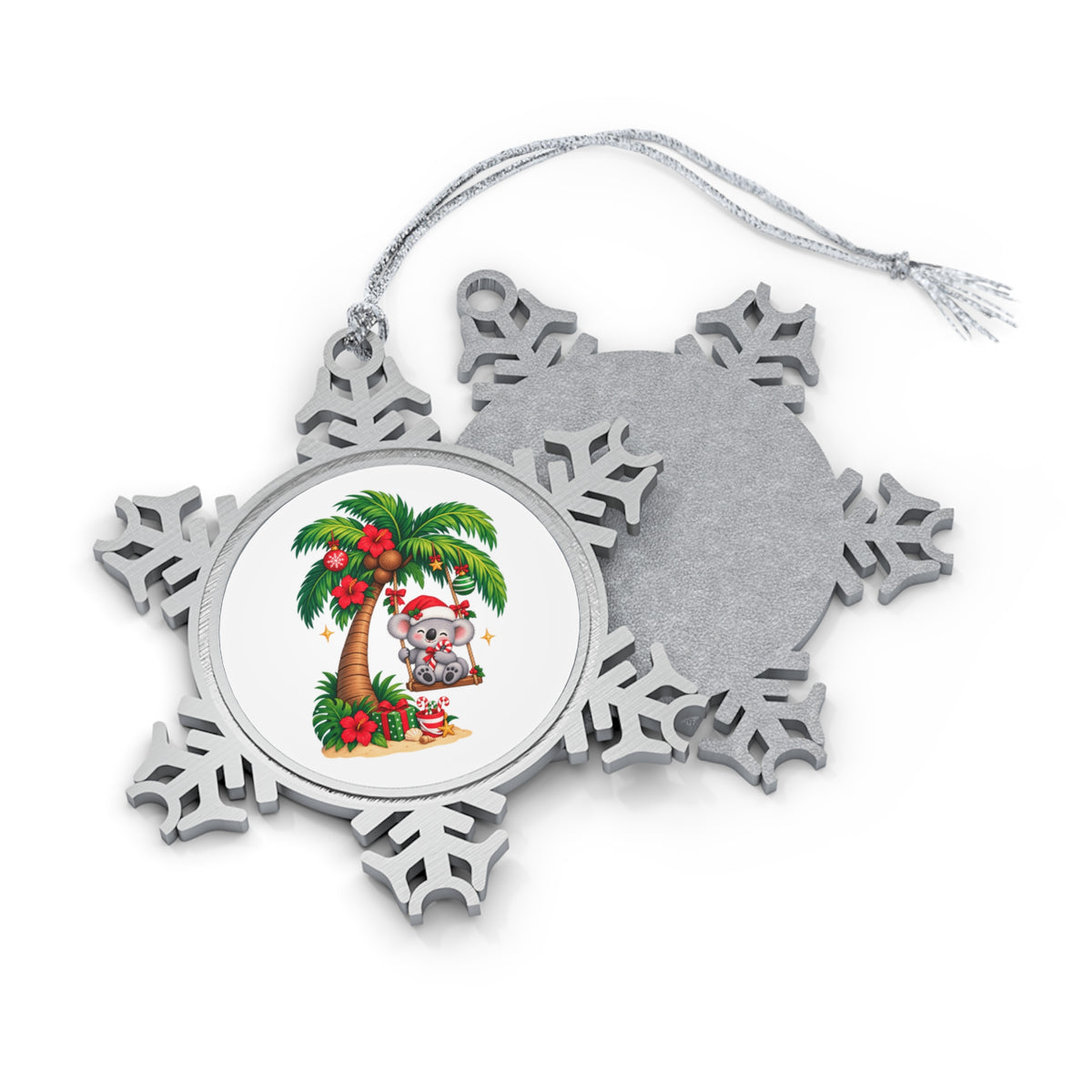 Tropical Koala Under Palm Tree Pewter Snowflake Christmas Ornament