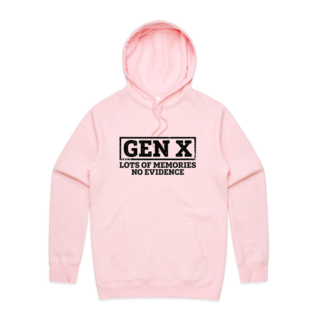 Gen X, Lots Of Memories, No Evidence Men's AS Colour Hoodie Pink Mens Hoodie Printed In Australia