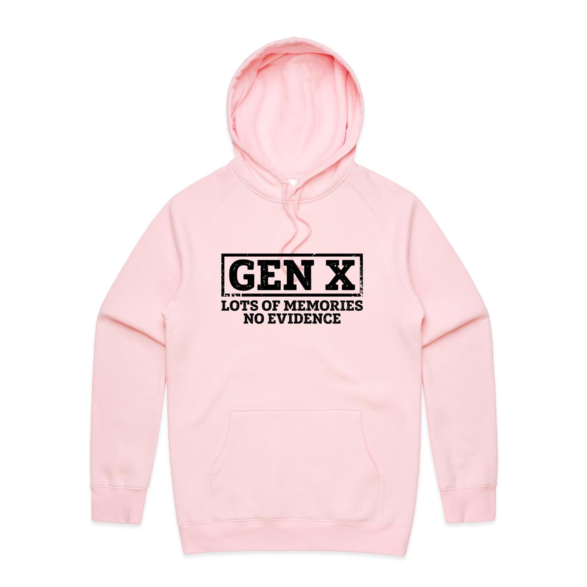 Gen X, Lots Of Memories, No Evidence Men's AS Colour Hoodie Pink Mens Hoodie Printed In Australia