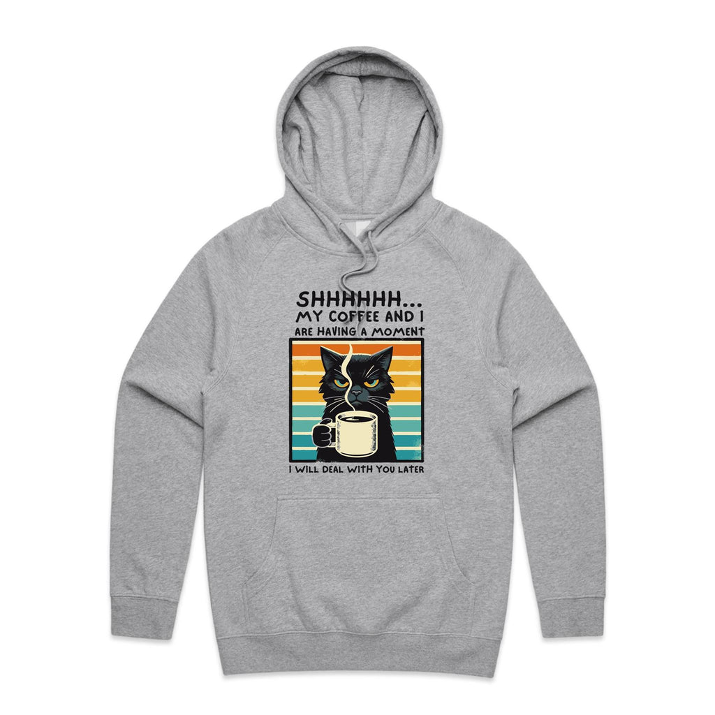 Shhh, My Coffee And I Are Having A Moment, Cat - Mens Hoodie Grey Marle Mens Hoodie animal Coffee Printed In Australia