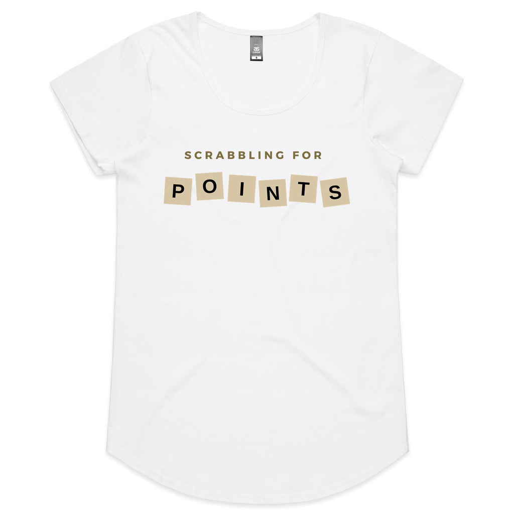 Scrabbling For Points - Womens Scoop Neck T-Shirt White Womens Scoop Neck T-shirt Games Printed In Australia