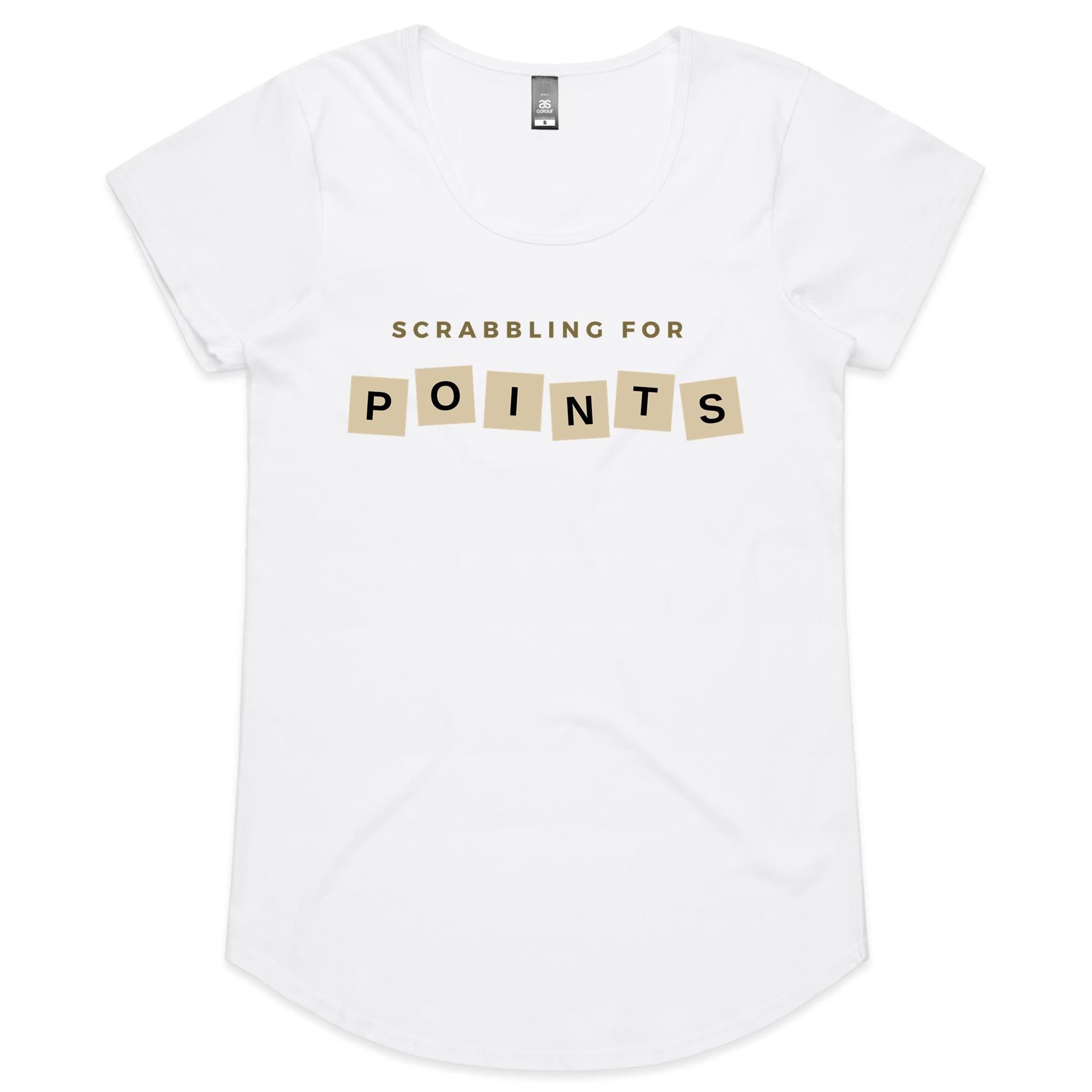 Scrabbling For Points - Womens Scoop Neck T-Shirt White Womens Scoop Neck T-shirt Games Printed In Australia