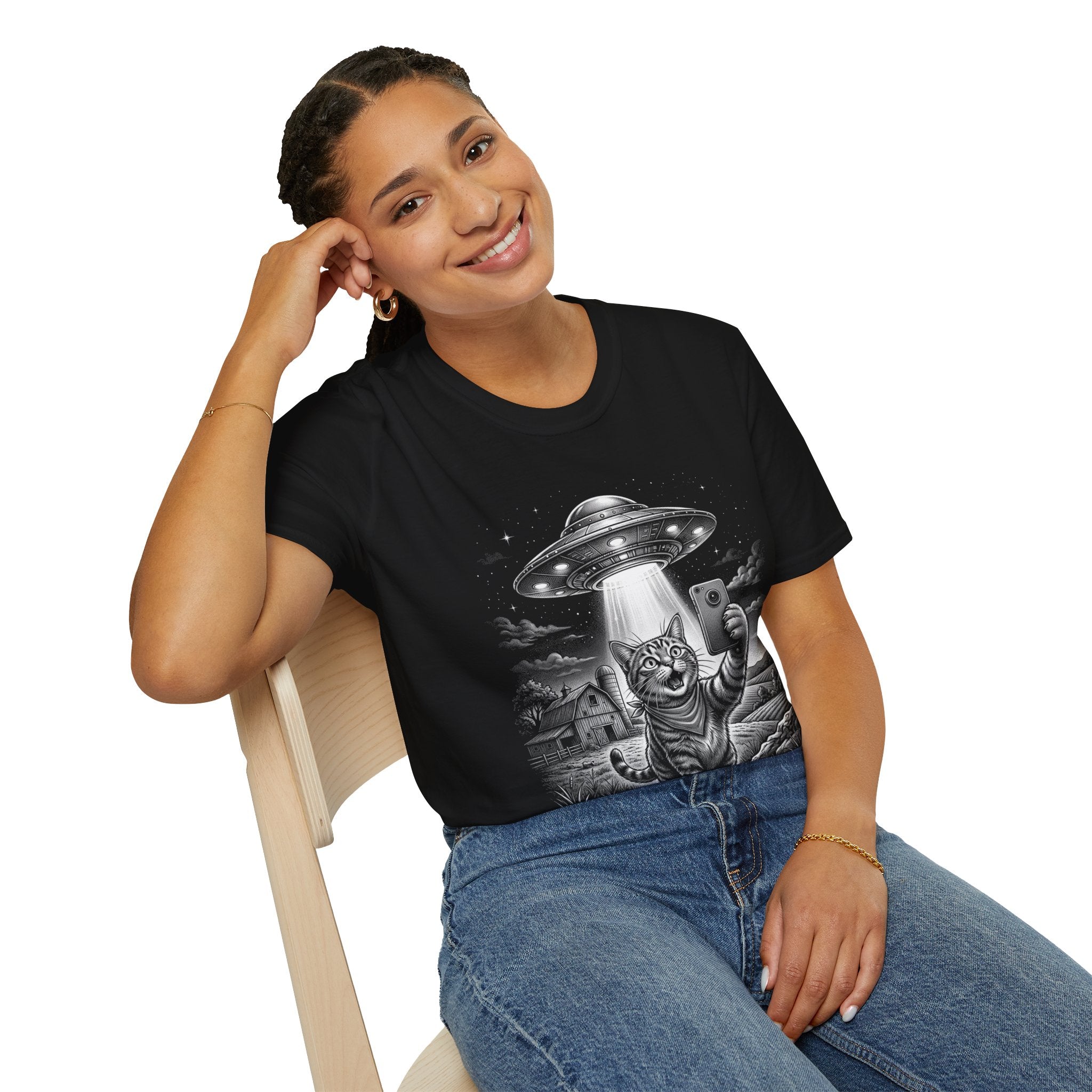Cat Selfie Under UFO Unisex T-Shirt Unisex Adult T-shirt animal Globally Fulfilled Sci Fi