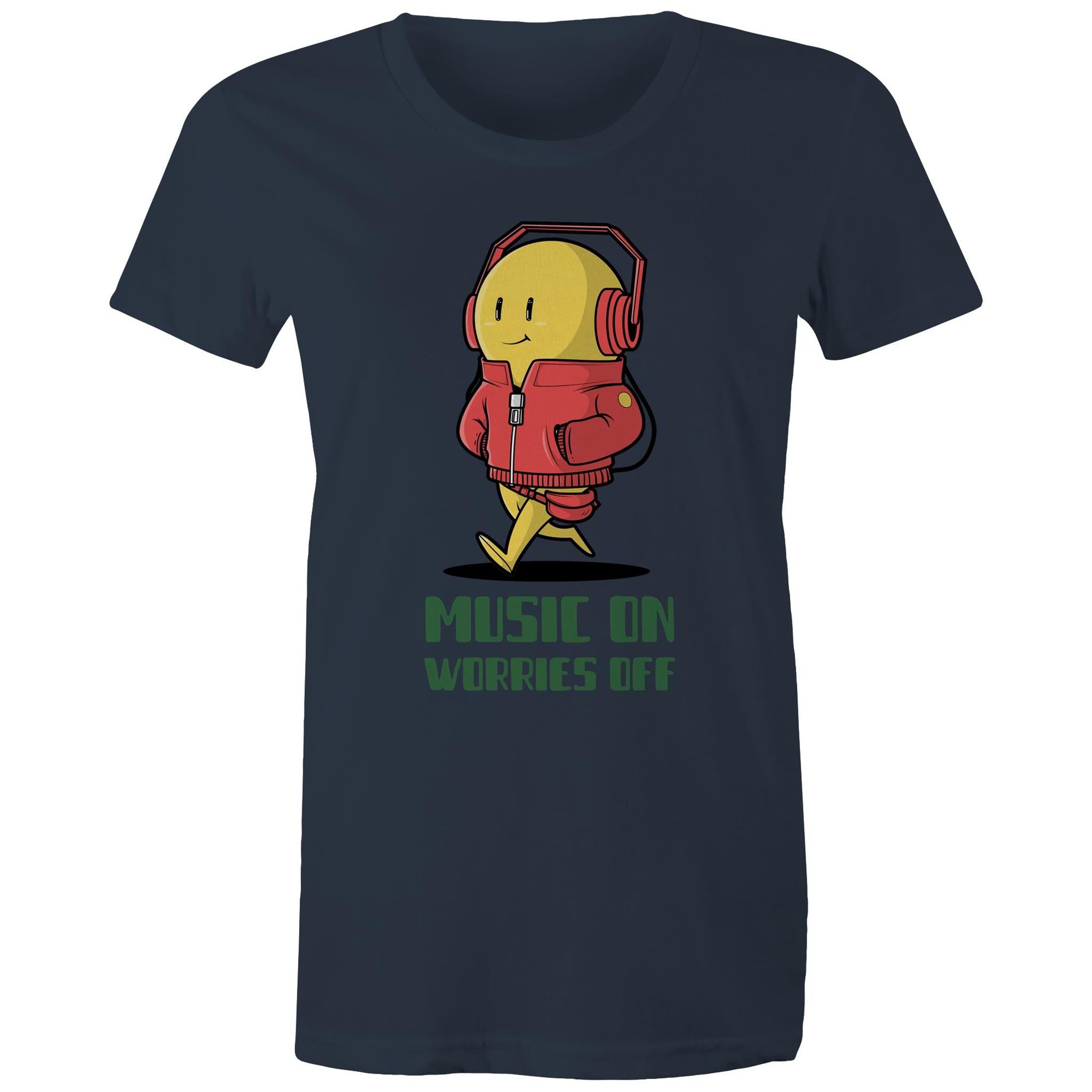Music On, Worries Off - Womens T-shirt Navy Womens T-shirt Music Printed In Australia