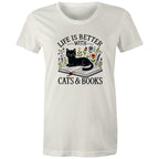 Life Is Better With Cats And Books - Womens T-shirt Natural Womens T-shirt animal Printed In Australia Reading