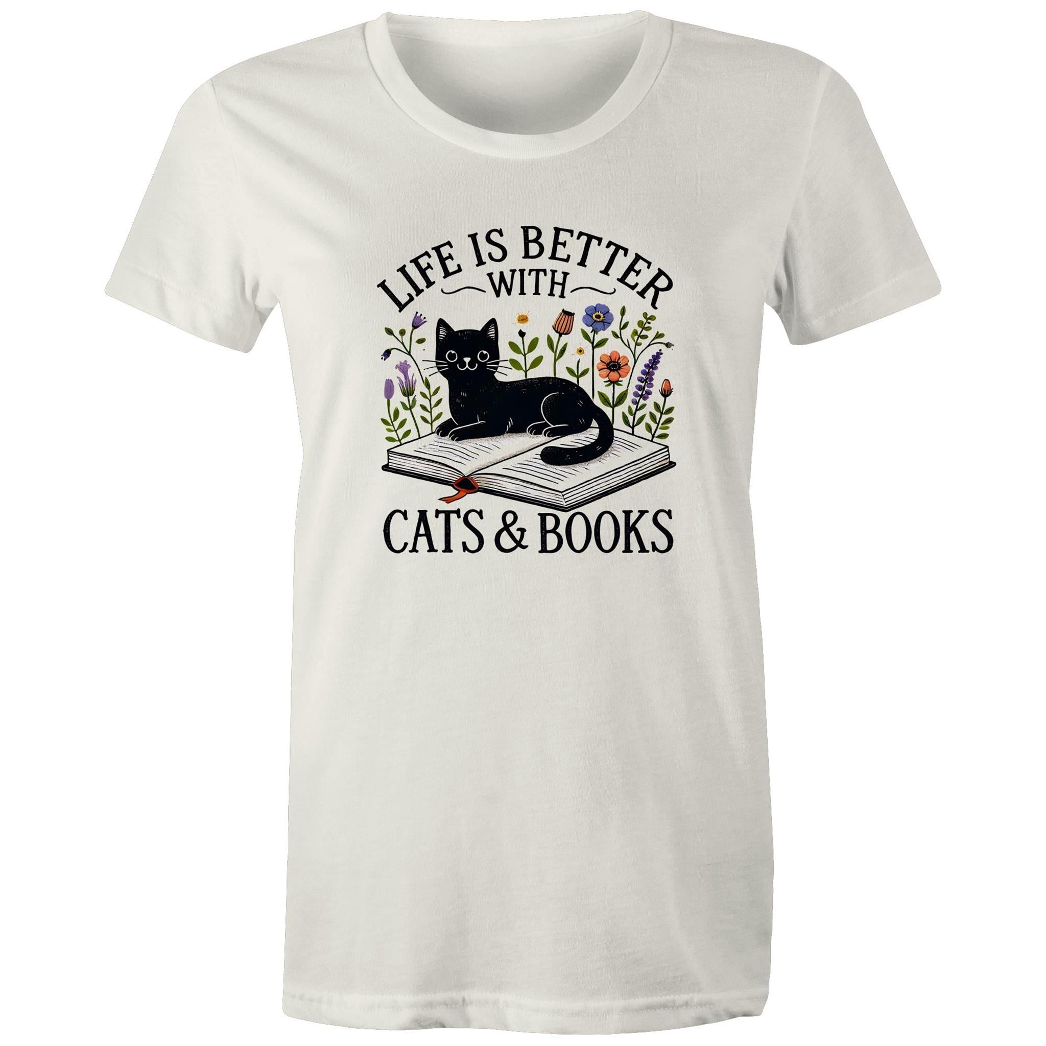 Life Is Better With Cats And Books - Womens T-shirt Natural Womens T-shirt animal Printed In Australia Reading
