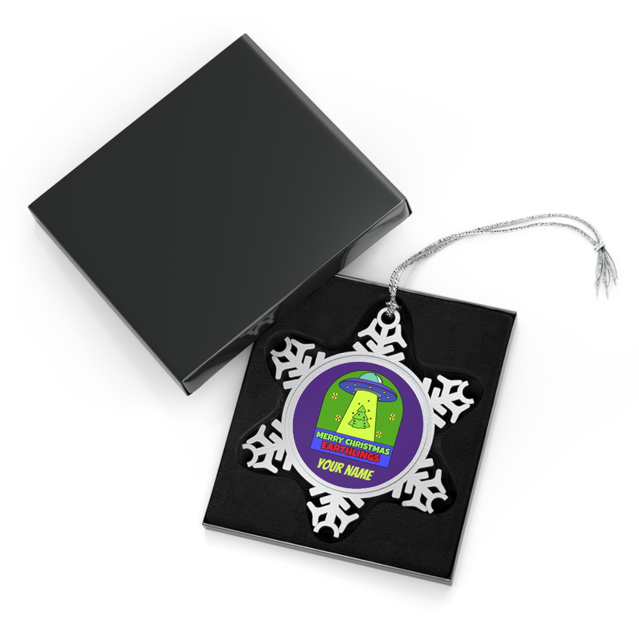 Personalised - Merry Christmas Earthlings, UFO - Christmas Pewter Snowflake Ornament