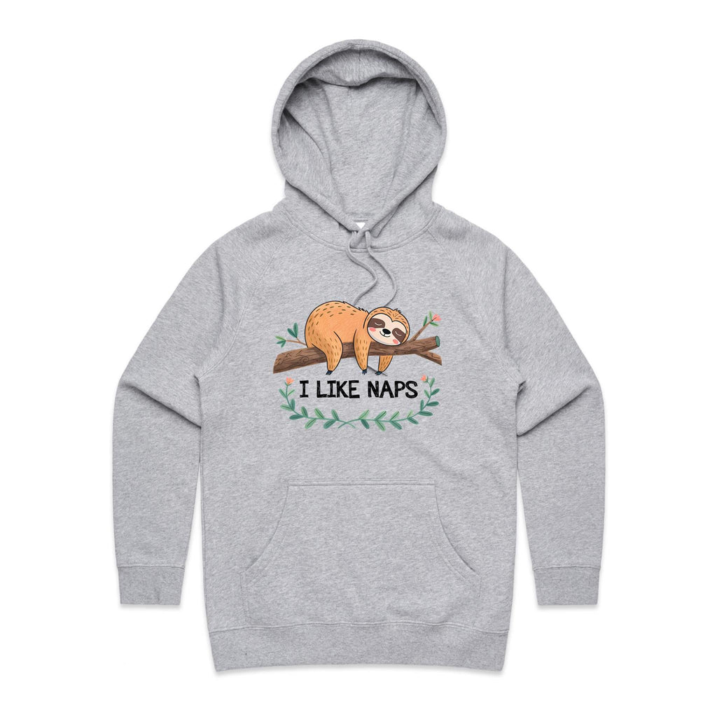 Sloth, I Like Naps - Womens Hoodie Grey Marle Womens Hoodie animal Printed In Australia