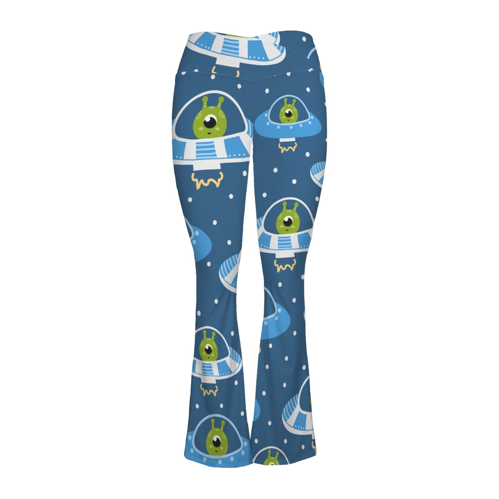 Cute Aliens in UFOs - High Waist Crossover Tummy Control Flare Leggings High Waist Flare Leggings Printed Offshore Sci Fi