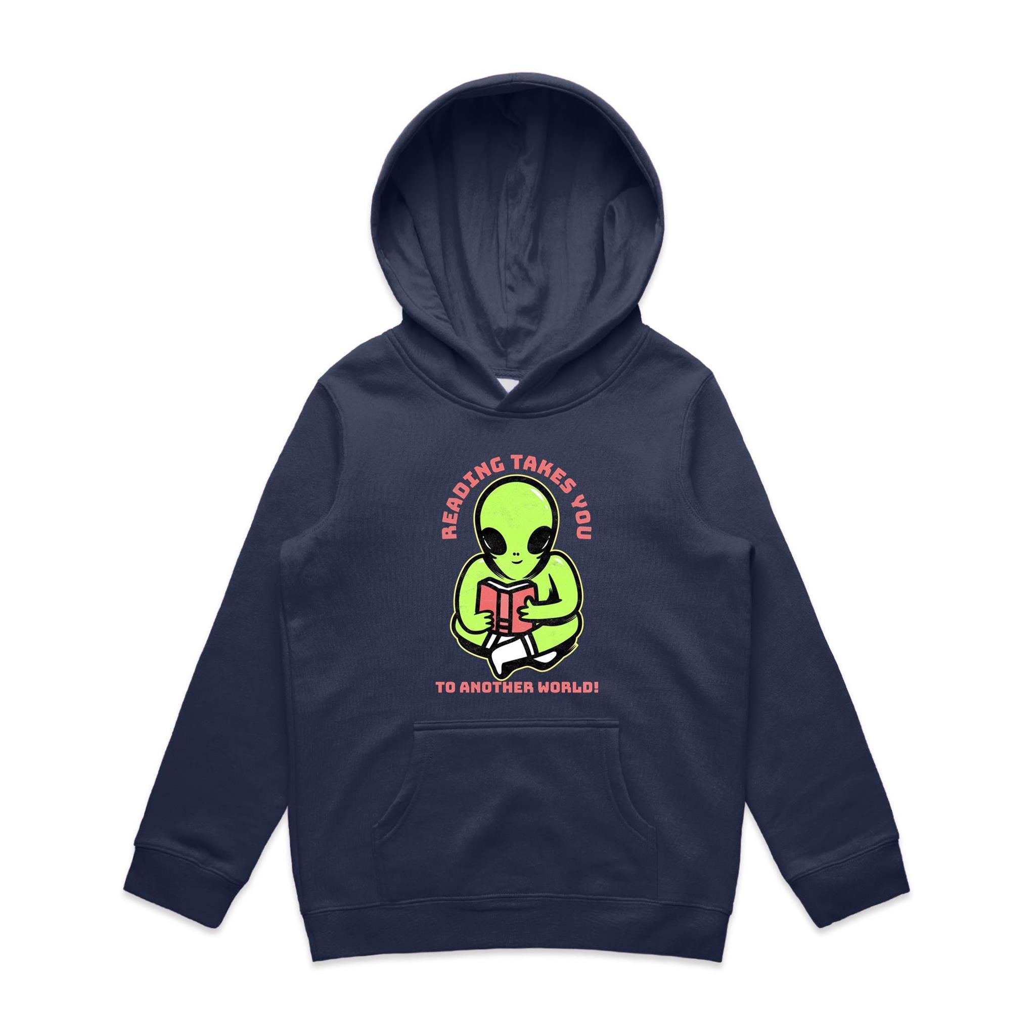 Reading Takes You To Another World, Alien - Kids Hoodie Midnight Blue Kids Hoodie Printed In Australia