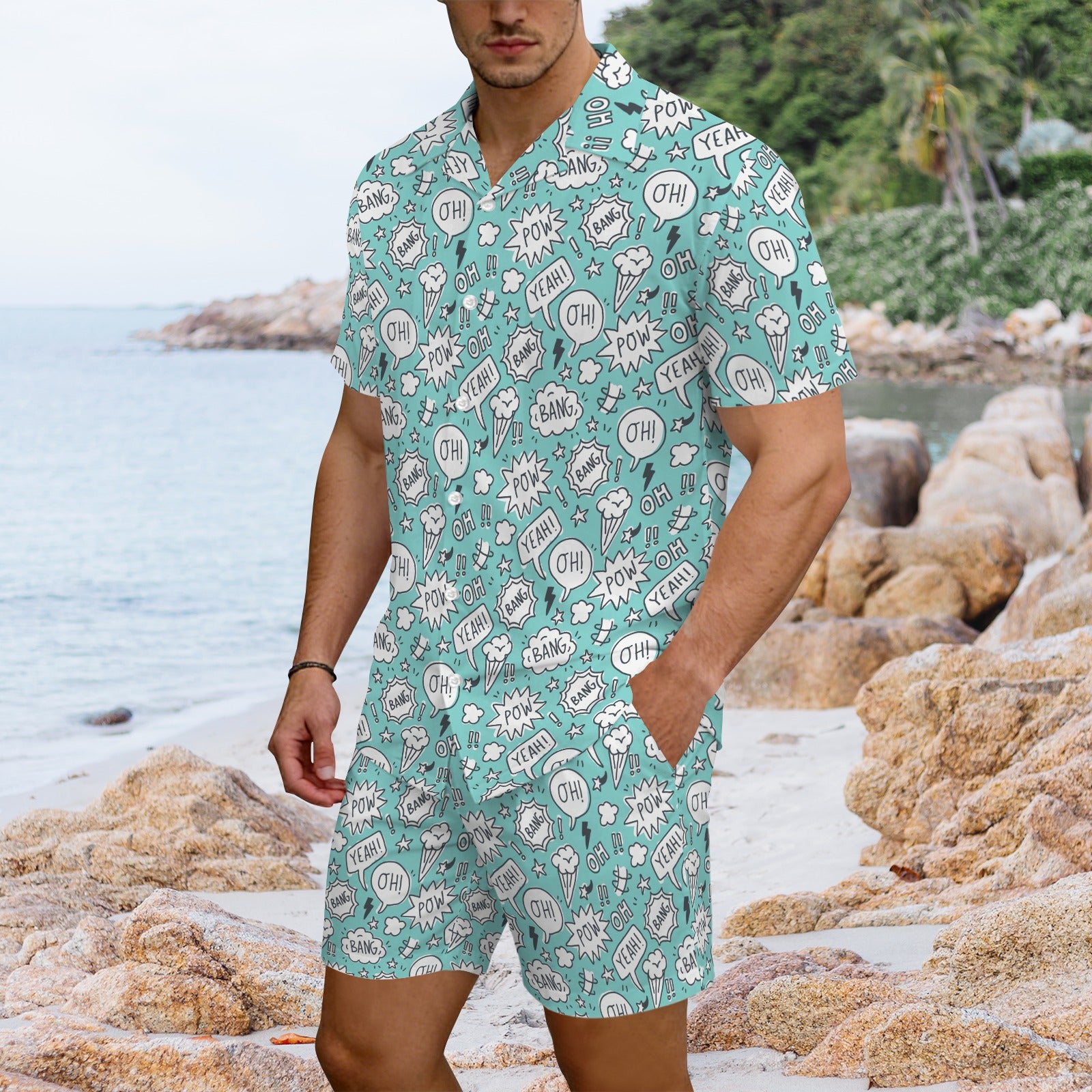 Comic Book Speech Bubbles Men's Hawaiian Shirt & Shorts Set Men's Hawaiian Shirt & Shorts Set comic Printed Offshore