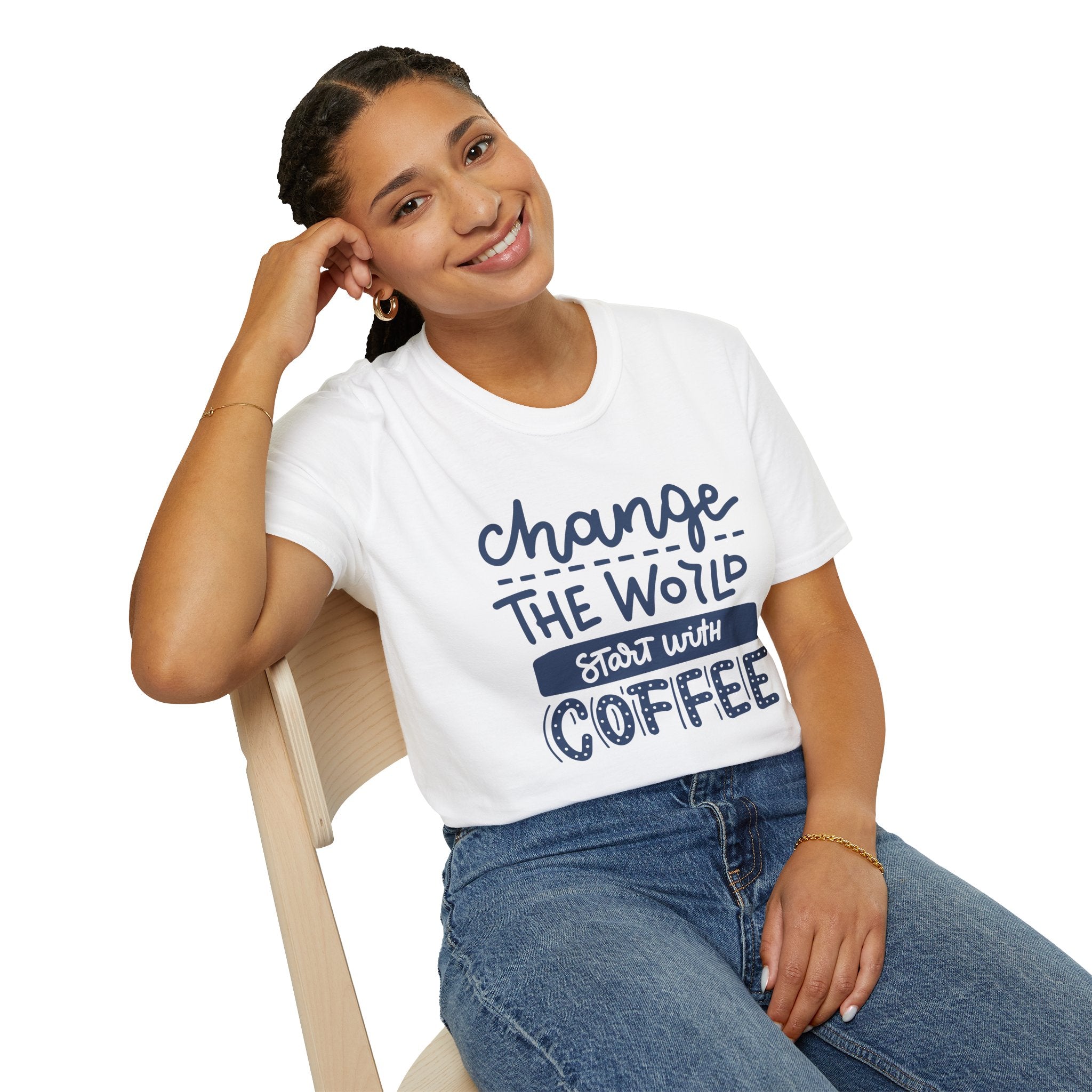Change The World, Start With Coffee - Unisex Softstyle T-Shirt