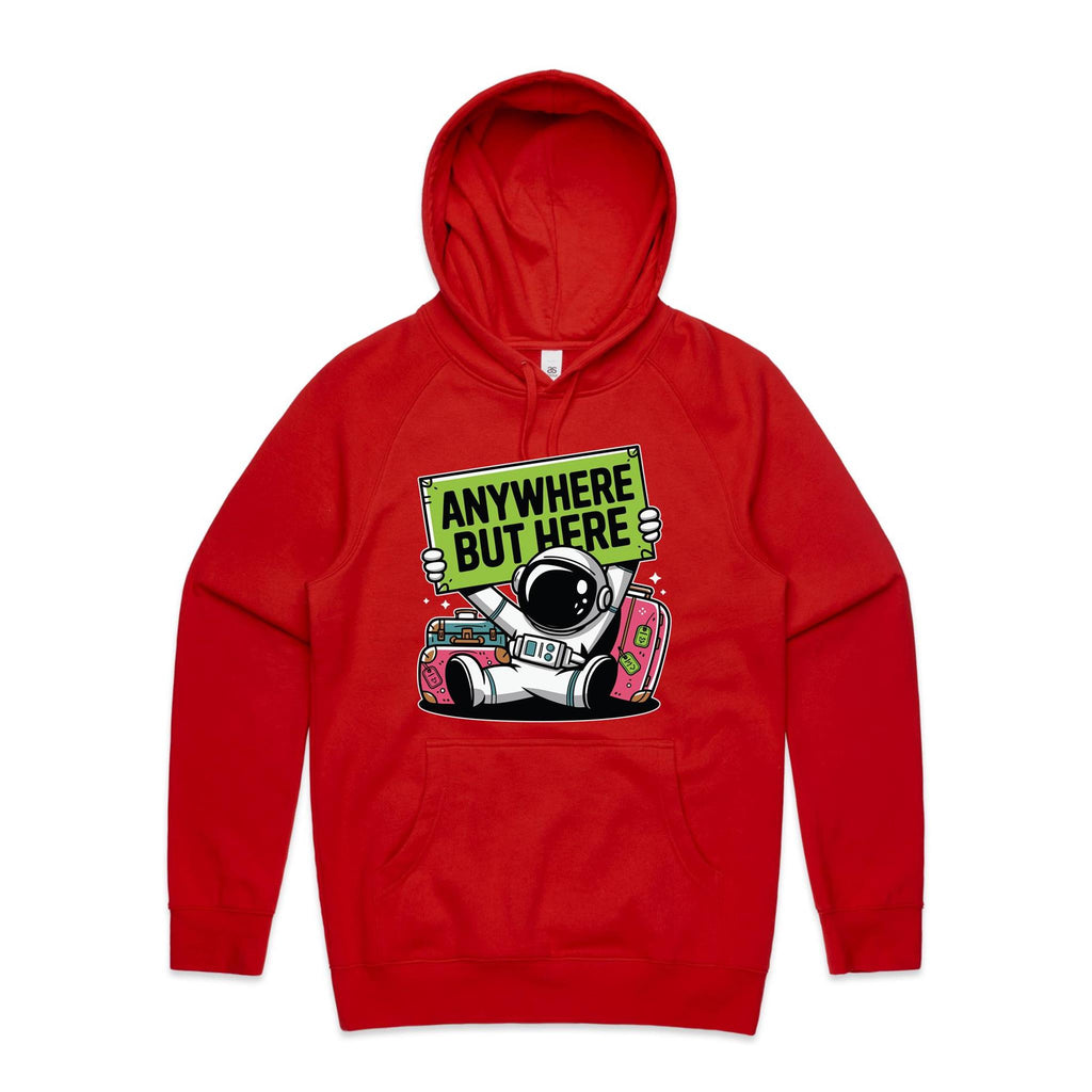 Astronaut, Anywhere But Here - Mens Hoodie Red Mens Hoodie Printed In Australia Space