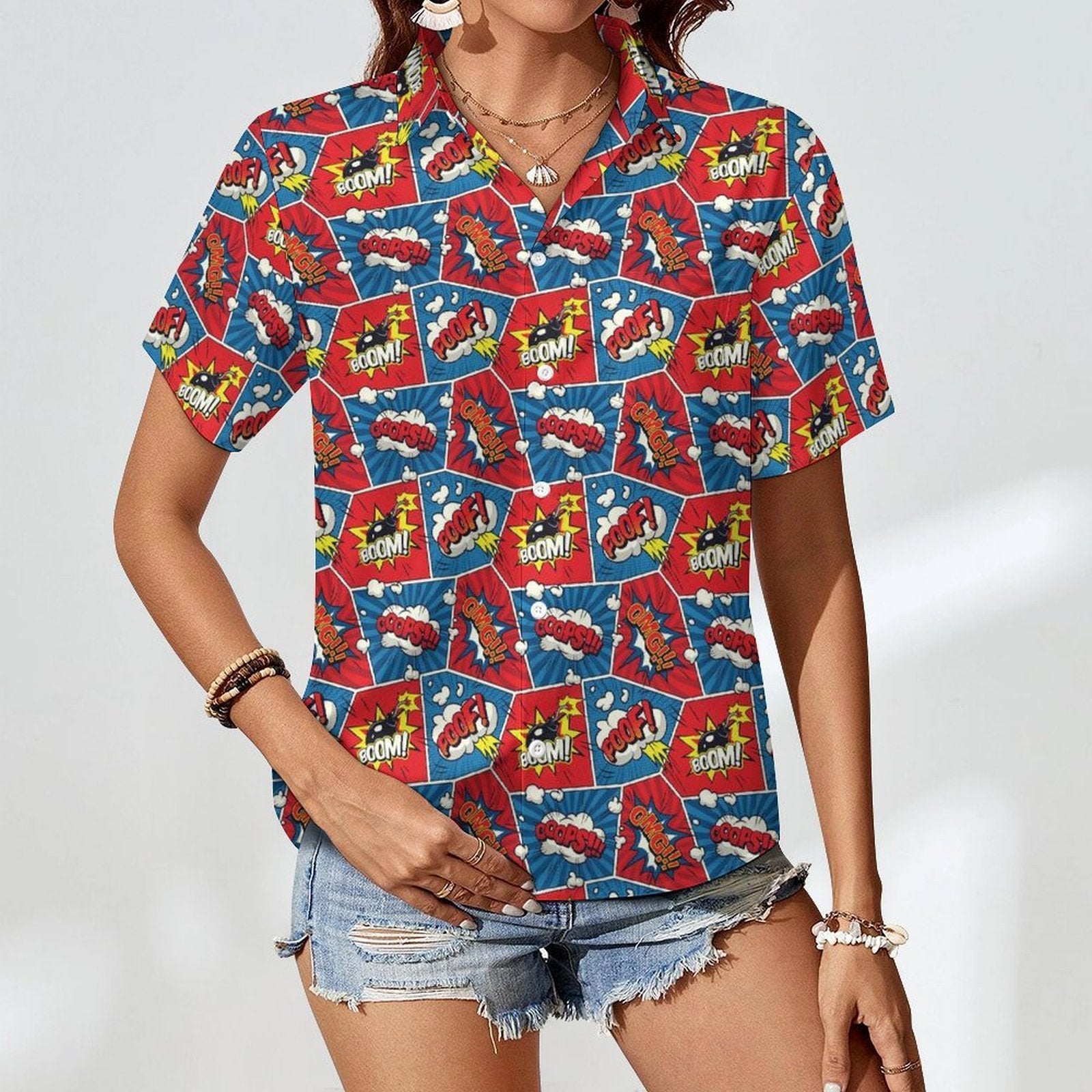 Comic Book Women's Short-Sleeve Button Up Shirt Women's Short-Sleeve Button Up Shirt comic Printed Offshore