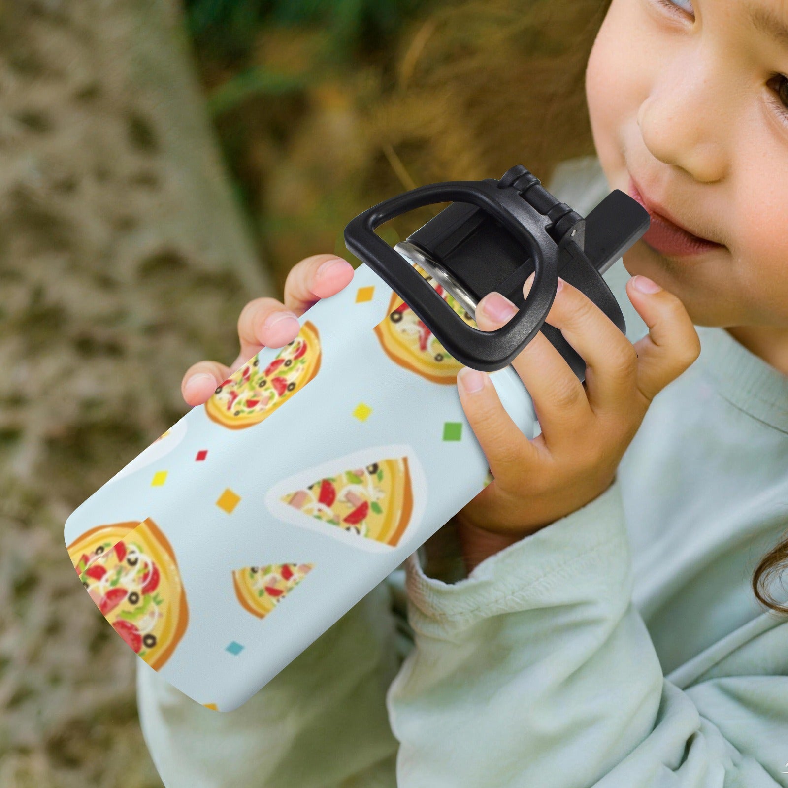 Pizzas On Blue 12oz Kids Water Bottle with Straw Lid