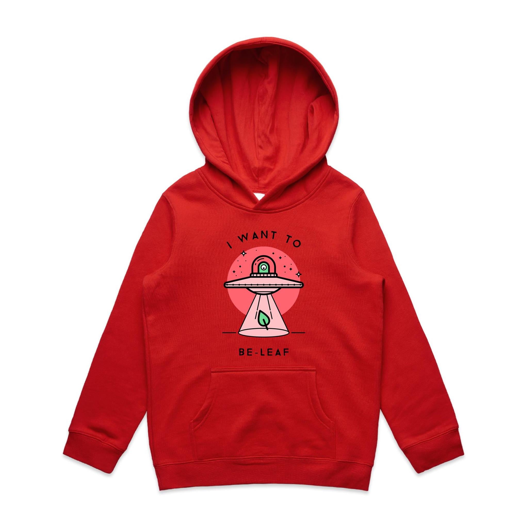 UFO, I Want To Be-Leaf - Kids Hoodie Red Kids Hoodie Printed In Australia