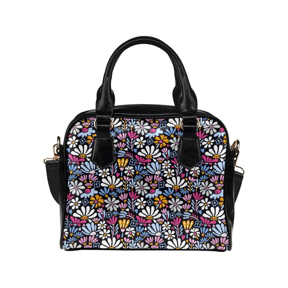 Graphic Flowers On Black Shoulder Handbag