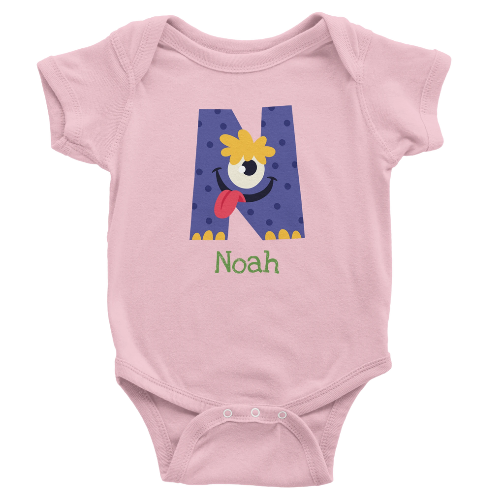 Monster Initial - Personalised Classic Baby Short Sleeve Bodysuit Pink Personalised Baby Bodysuit customise Globally Fulfilled personalise