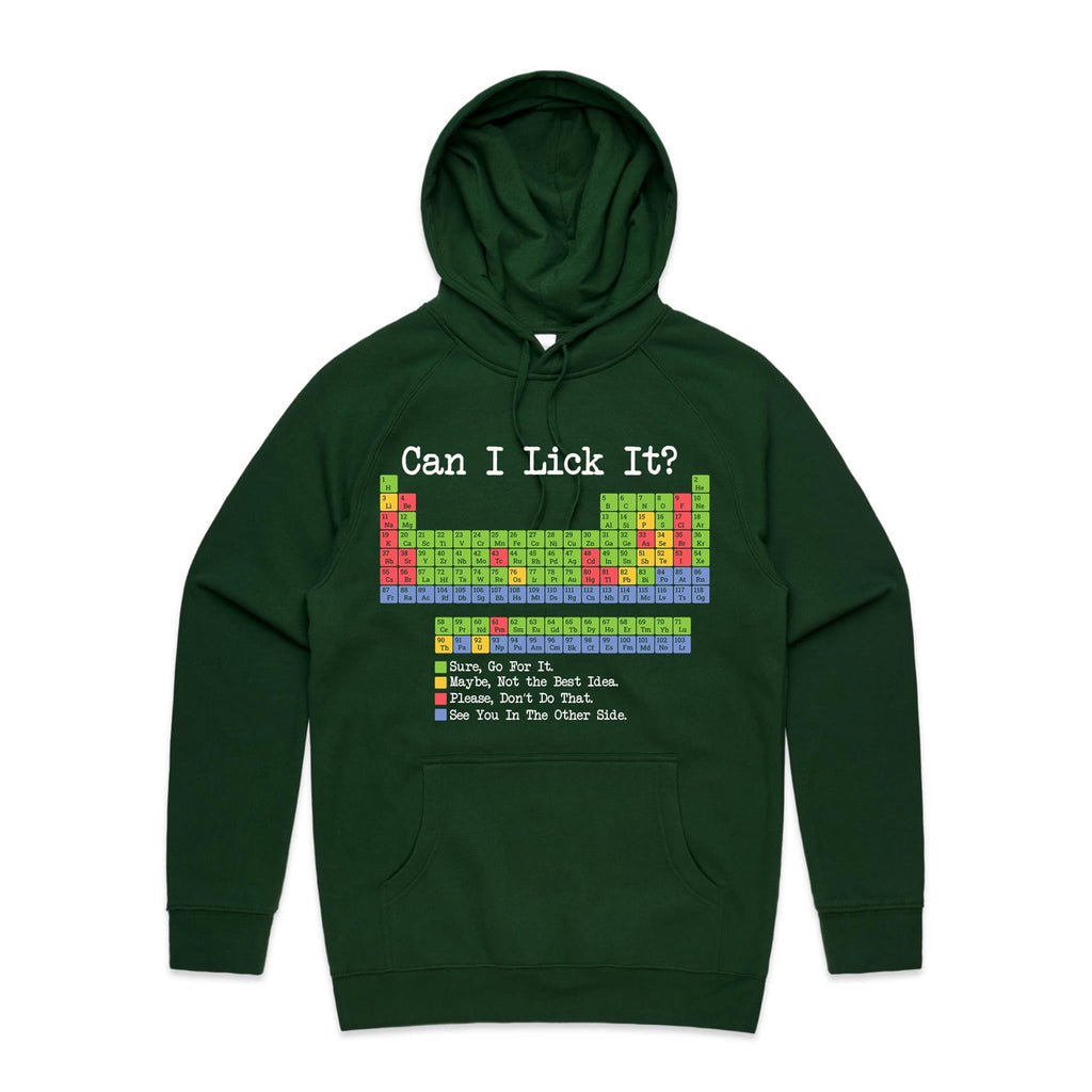 Periodic Table, Can I Lick It Mens Hoodie Forest Green Printed In Australia Science
