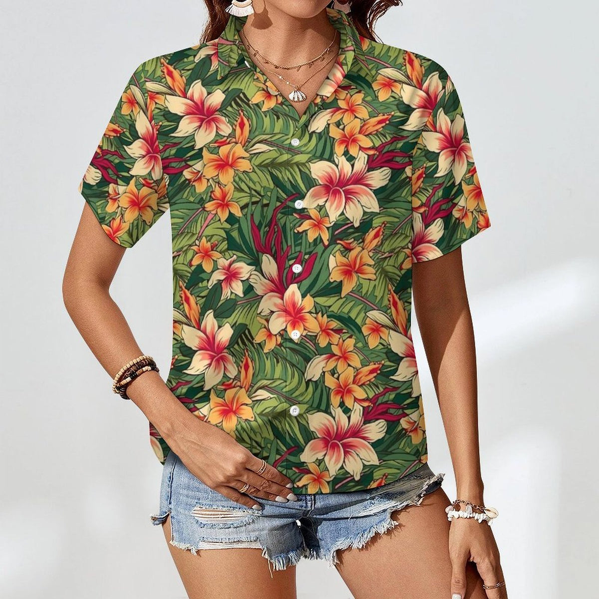 Vintage Hawaiian Floral Women's Collared Pocketless Short Sleeve Shirt