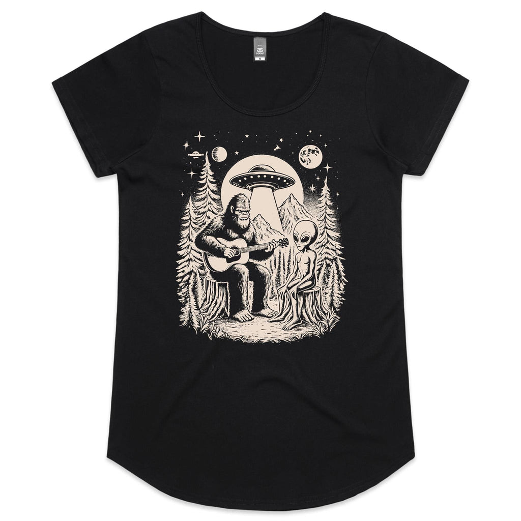 Alien And Bigfoot Playing Guitar - Womens Scoop Neck T-Shirt Black Womens Scoop Neck T-shirt Music Printed In Australia Sci Fi