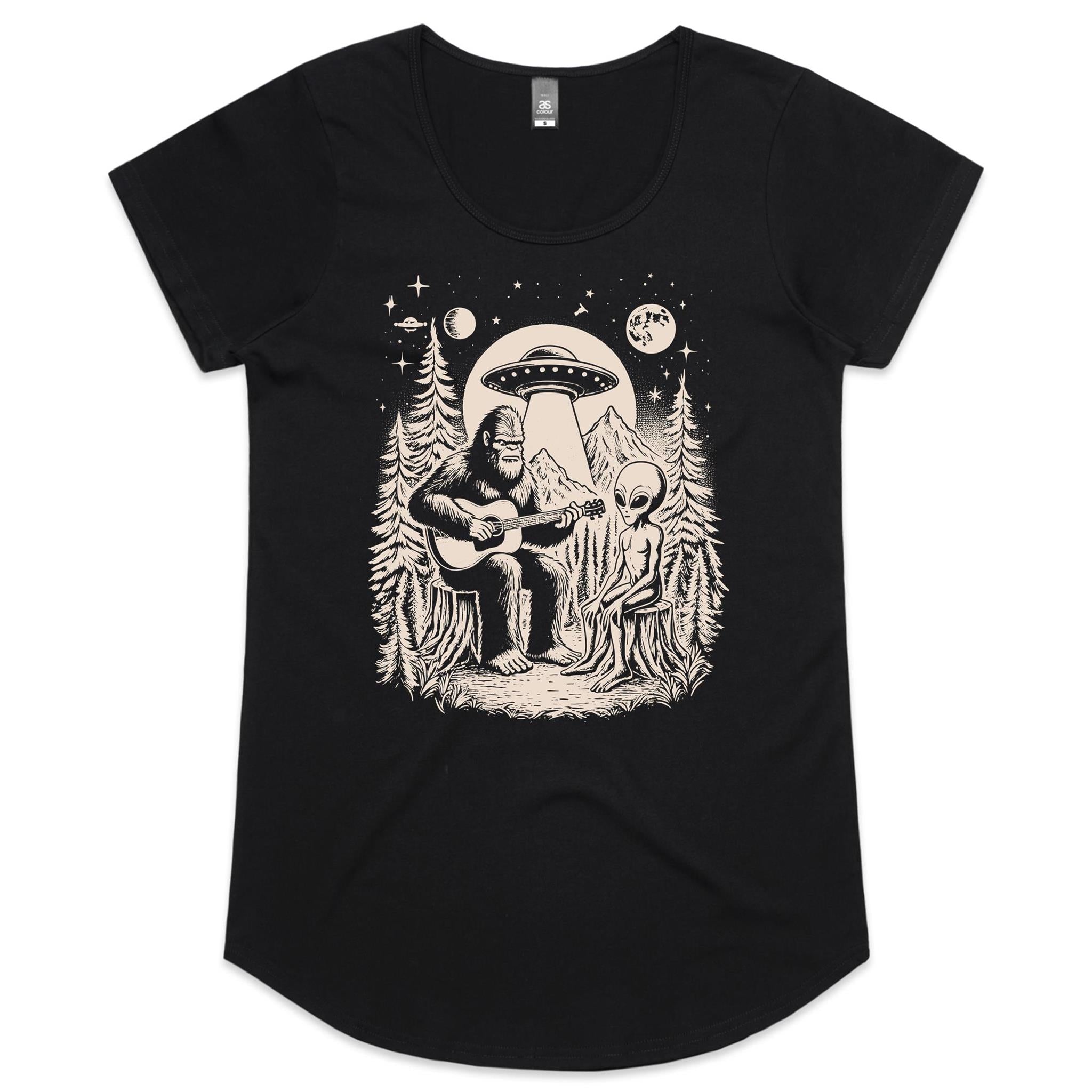 Alien And Bigfoot Playing Guitar - Womens Scoop Neck T-Shirt Black Womens Scoop Neck T-shirt Music Printed In Australia Sci Fi