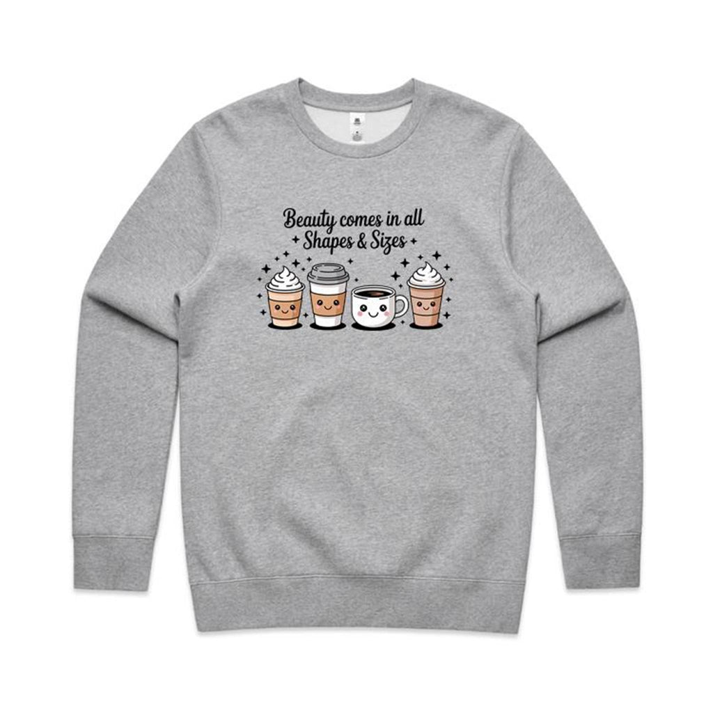 Coffee Beauty, All Shapes And Sizes AS Colour Stencil Crew Sweatshirt Unisex Grey Marle Sweatshirt Coffee Positivity Printed In Australia